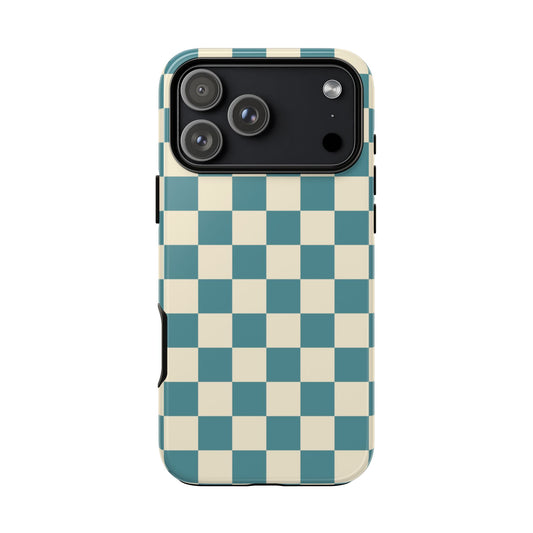 Phone case with blue and white checkered pattern on a white background