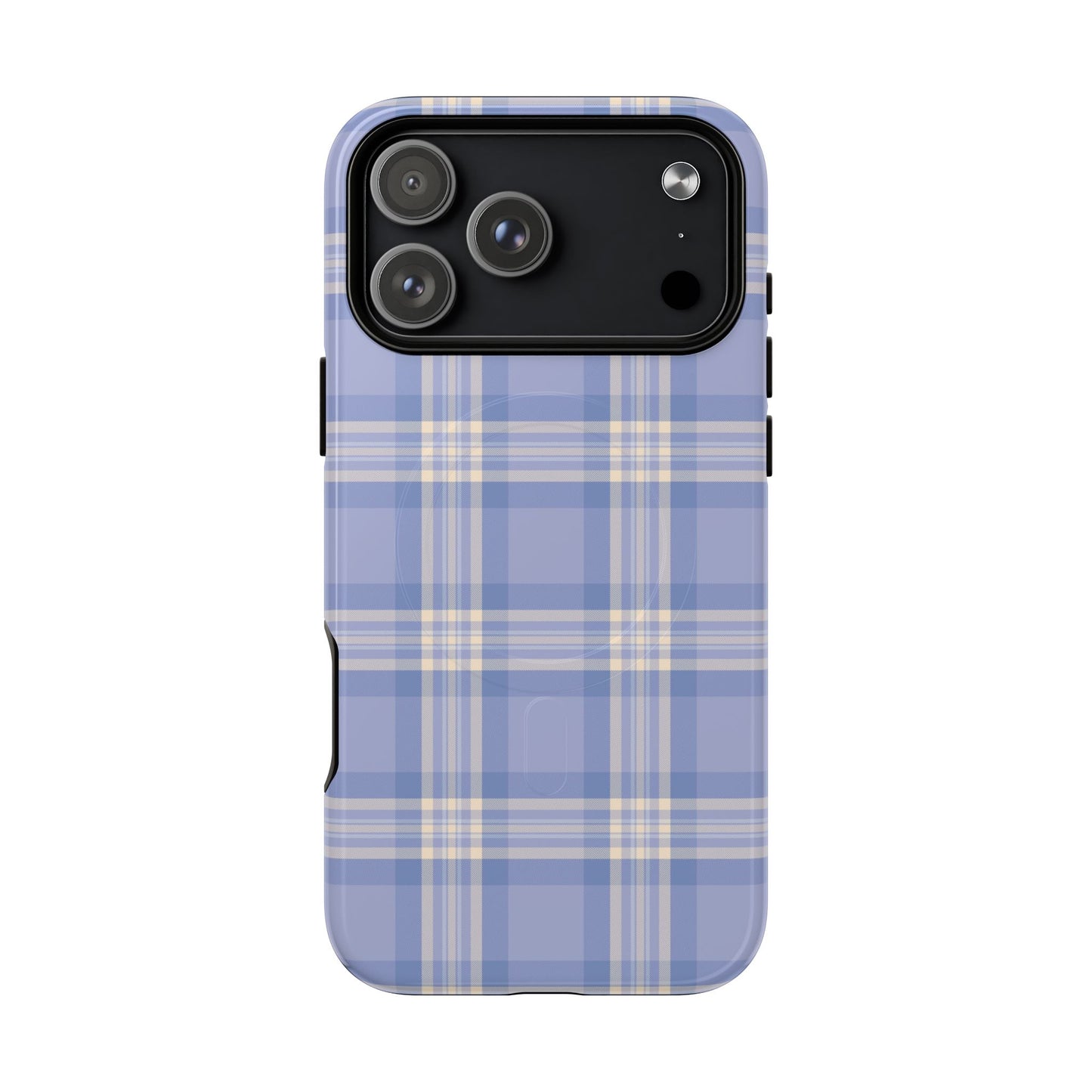 Blue plaid phone case on a white background