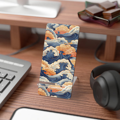 Phone case stand with wave design on a desk with keyboard and headphones