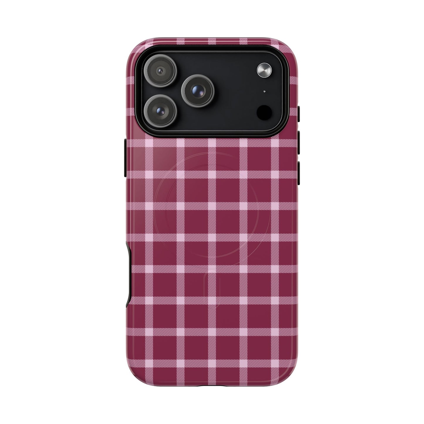 Phone case with a red and white plaid pattern on a white background