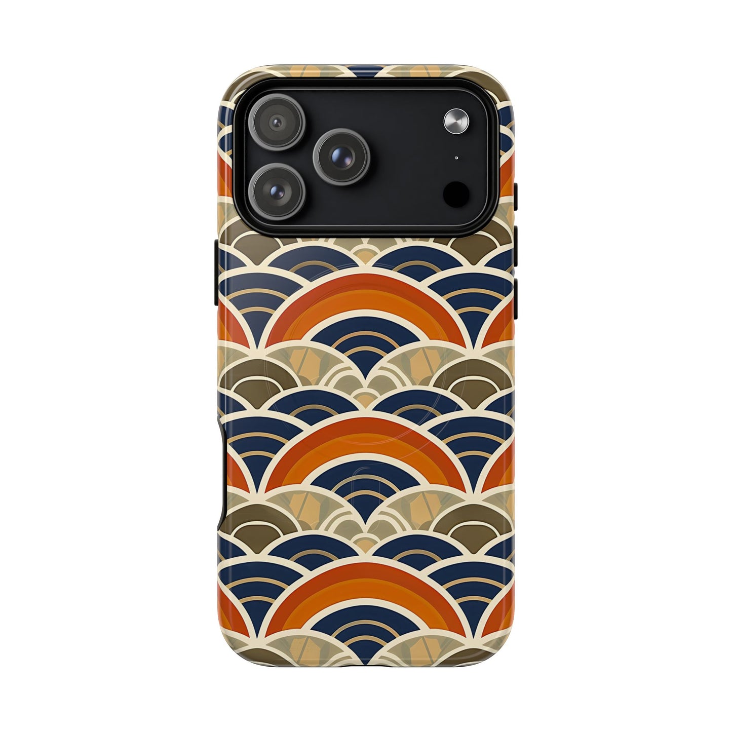 Phone case with a colorful wave pattern on a white background