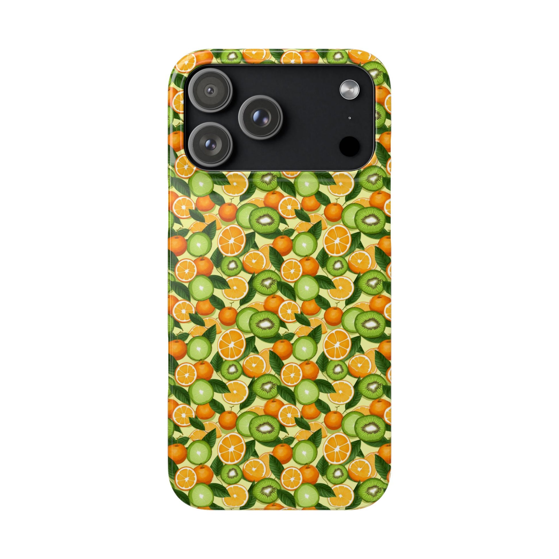 Phone case with a pattern of oranges and kiwis on a white background