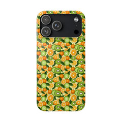 Phone case with a pattern of oranges and kiwis on a white background