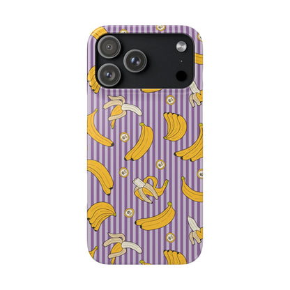 Phone case with banana pattern on a purple and white striped background