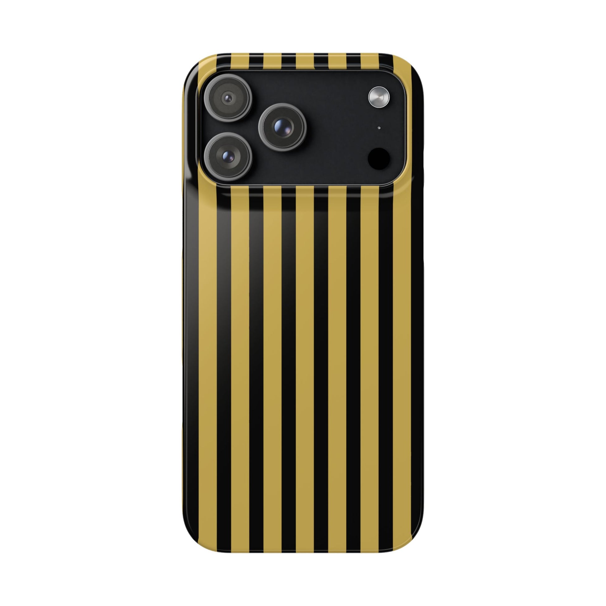 Phone case with black and gold vertical stripes on a white background