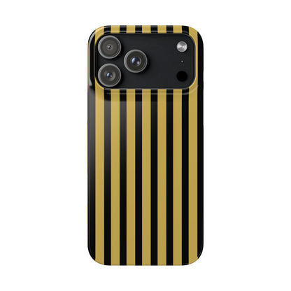 Phone case with black and gold vertical stripes on a white background