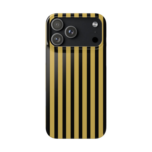 Phone case with black and gold vertical stripes on a white background