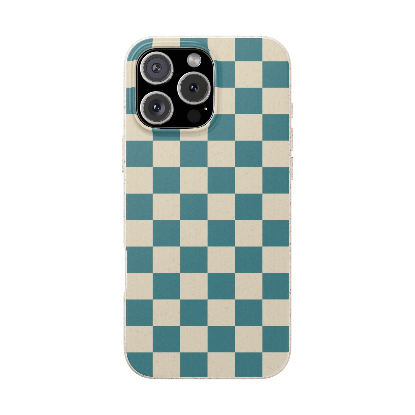 Phone case with a blue and beige checkered pattern on a white background