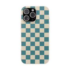 Phone case with a blue and beige checkered pattern on a white background