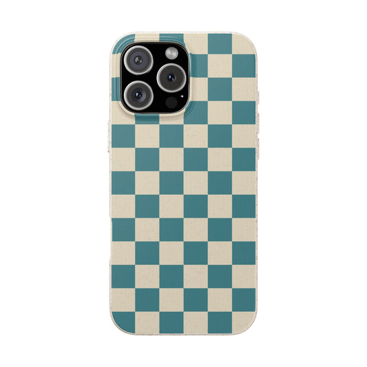 Phone case with a blue and beige checkered pattern on a white background
