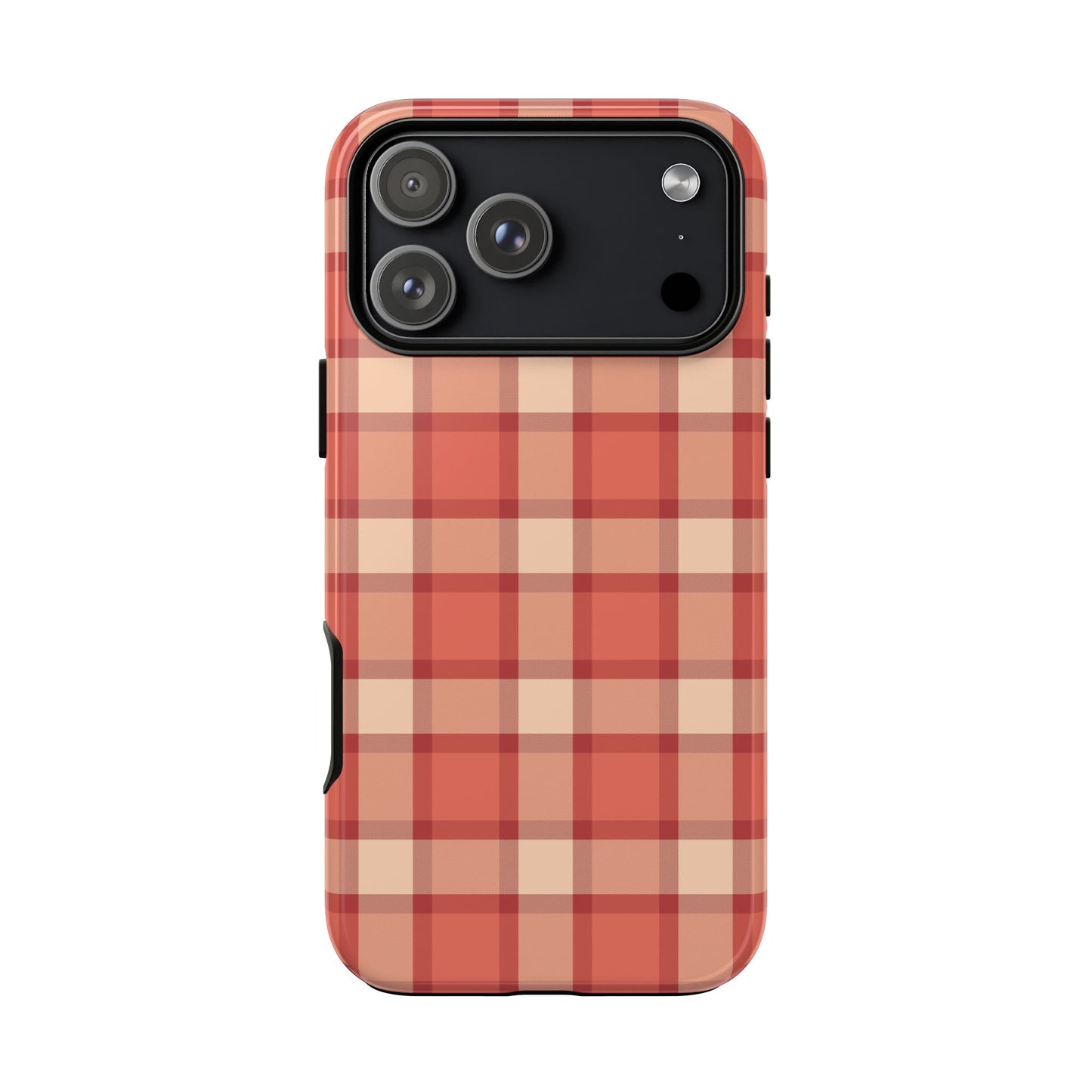 Phone case with a red and beige plaid pattern on a white background