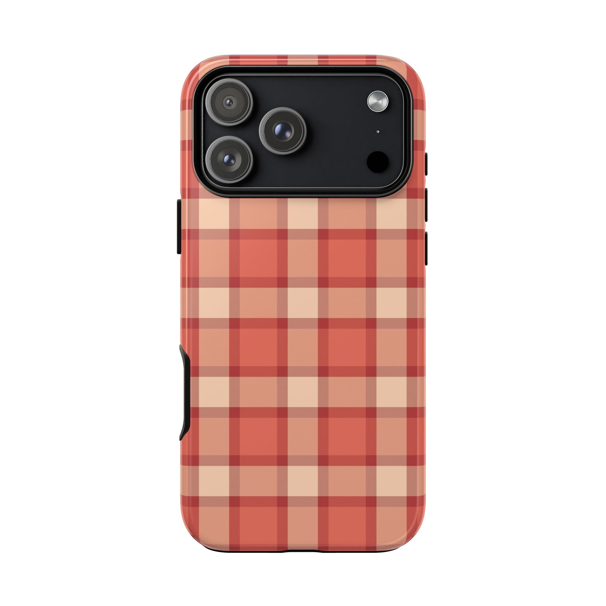 Phone case with a red and beige plaid pattern on a white background