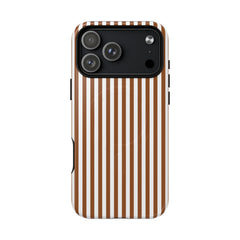 Phone case with brown and white vertical stripes on a white background