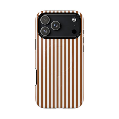 Phone case with brown and white vertical stripes on a white background