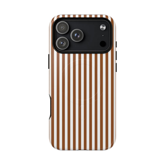 Phone case with brown and white vertical stripes on a white background