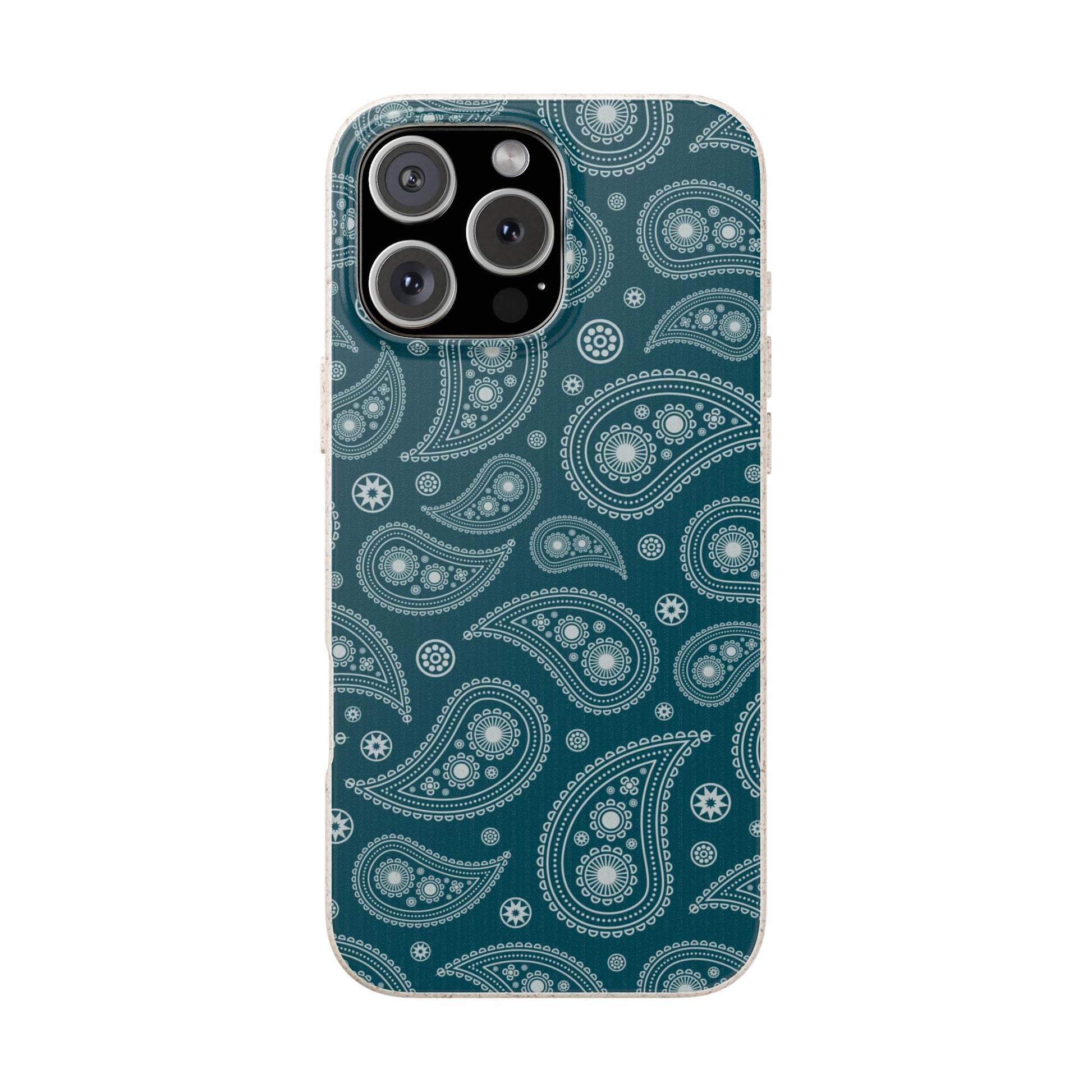 Phone case with white paisley pattern on a teal background