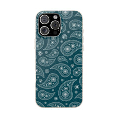 Phone case with white paisley pattern on a teal background