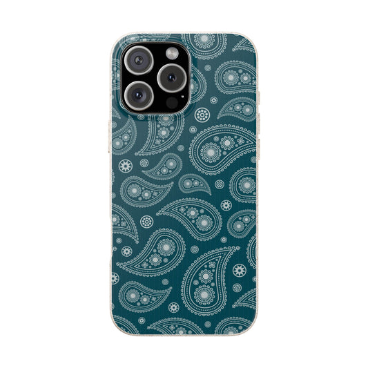 Phone case with white paisley pattern on a teal background