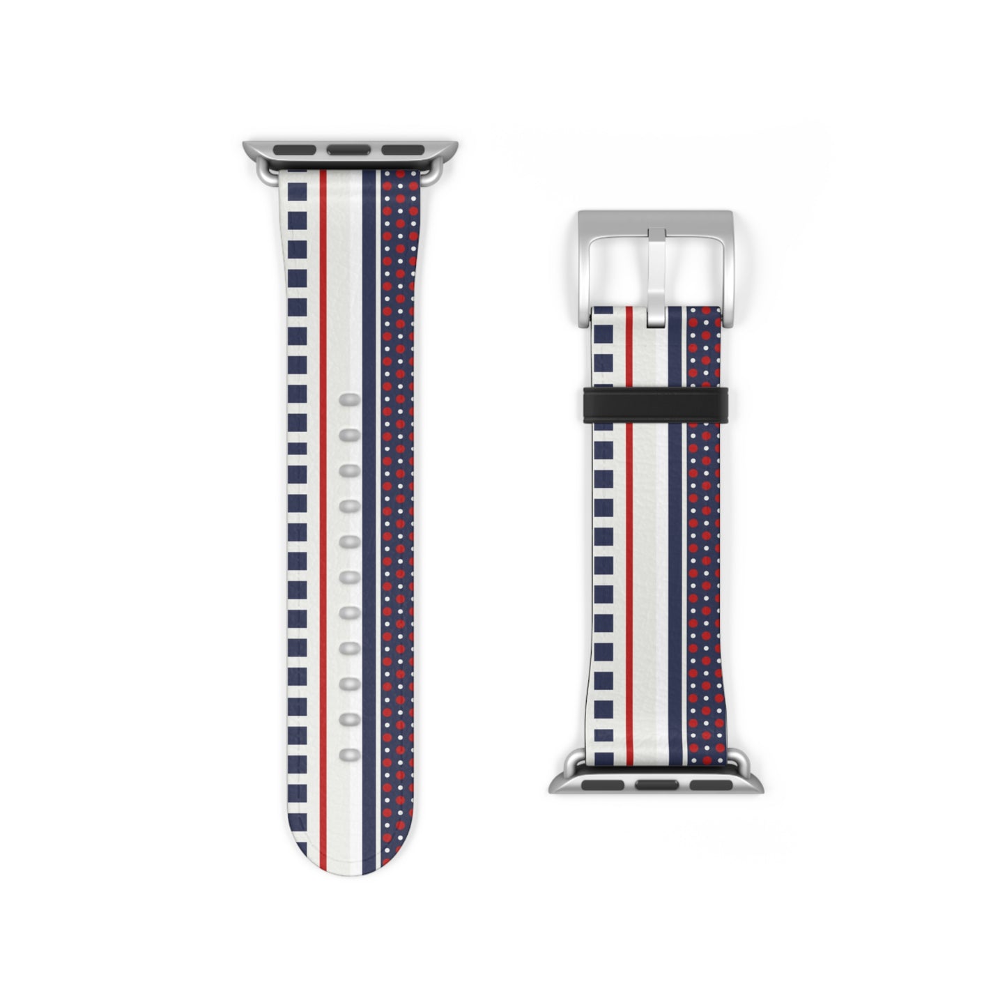 Two watch straps with red, white, and blue pattern on a white background