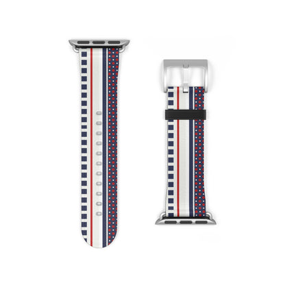 Two watch straps with red, white, and blue pattern on a white background
