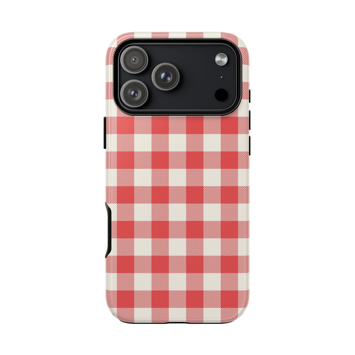 Red and white checkered phone case on a white background