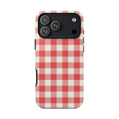 Red and white checkered phone case on a white background