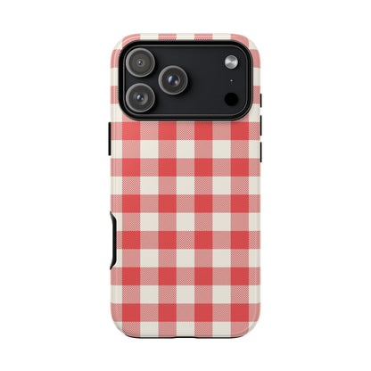 Red and white checkered phone case on a white background