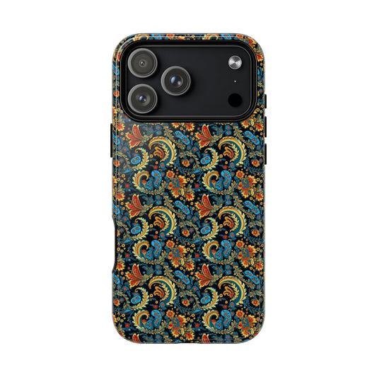 Phone case with a colorful paisley pattern on a white background