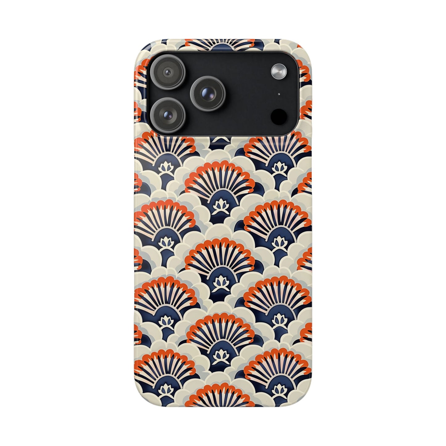 Phone case with geometric fan pattern on a white background