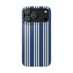 Phone case with blue and white striped pattern on a white background