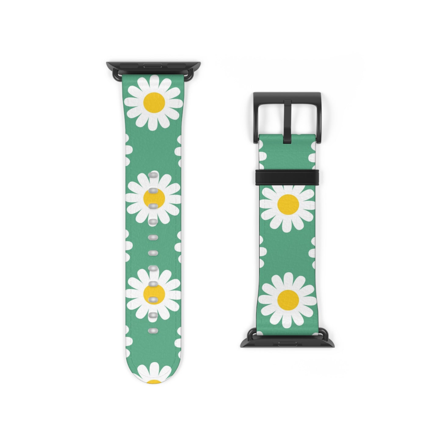 Green watch band with white daisy flowers on a white background