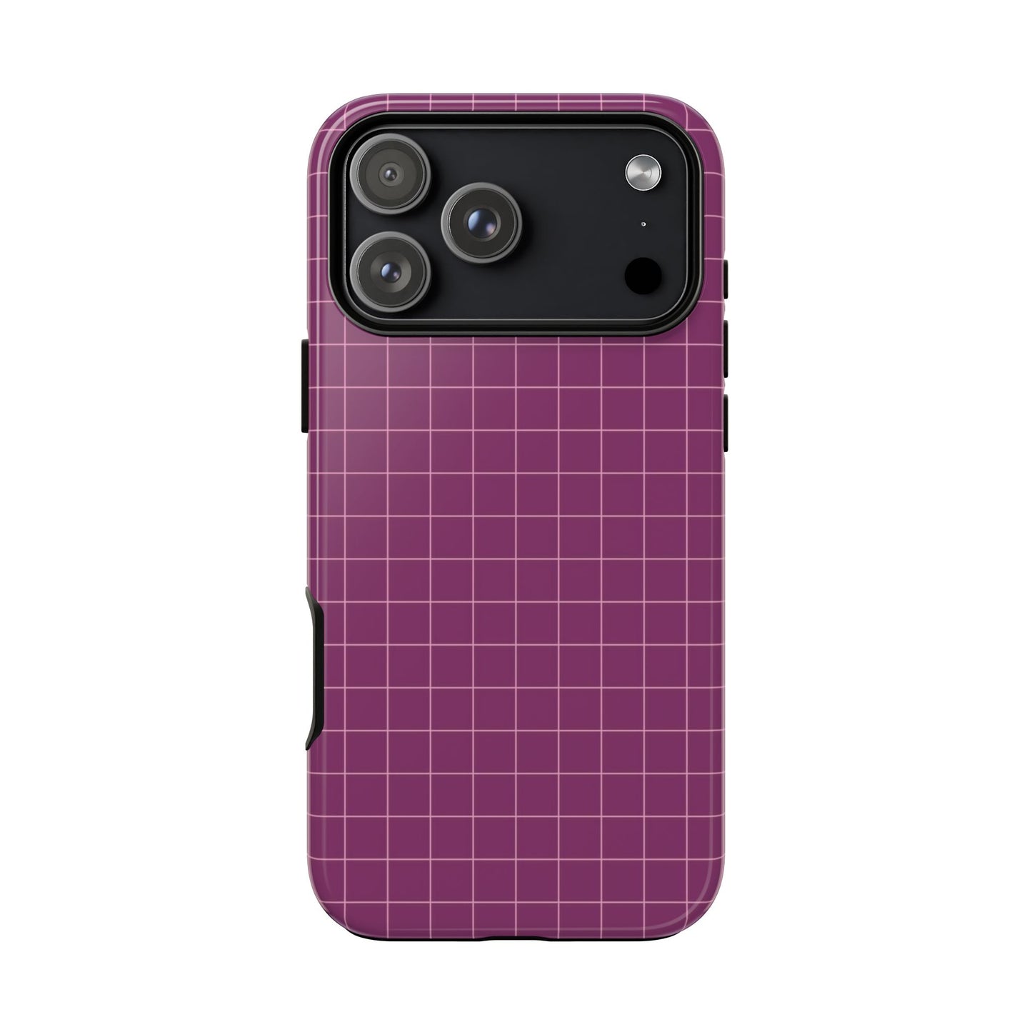 Phone case with a purple grid pattern on a white background