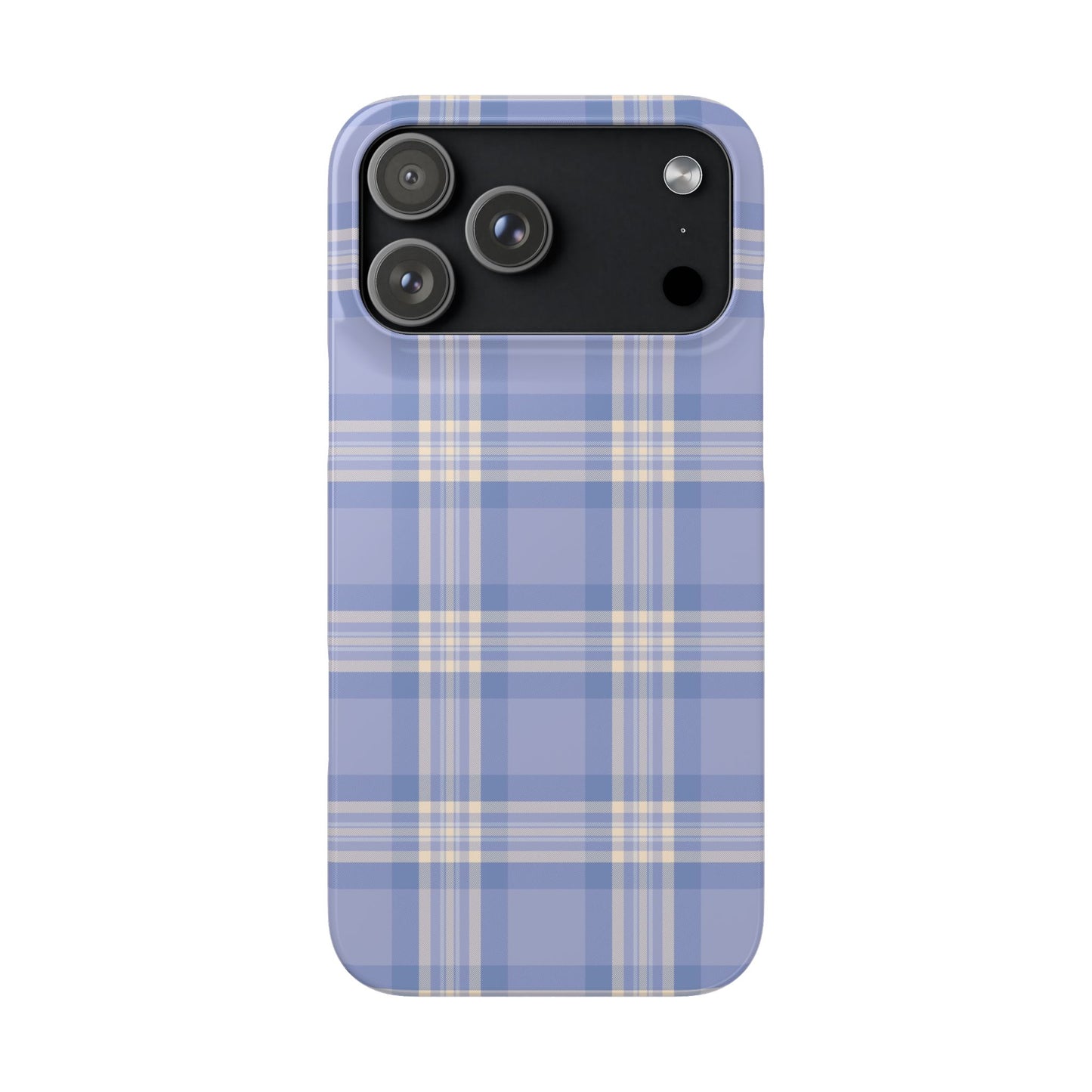 Phone case with blue and beige plaid pattern on a white background