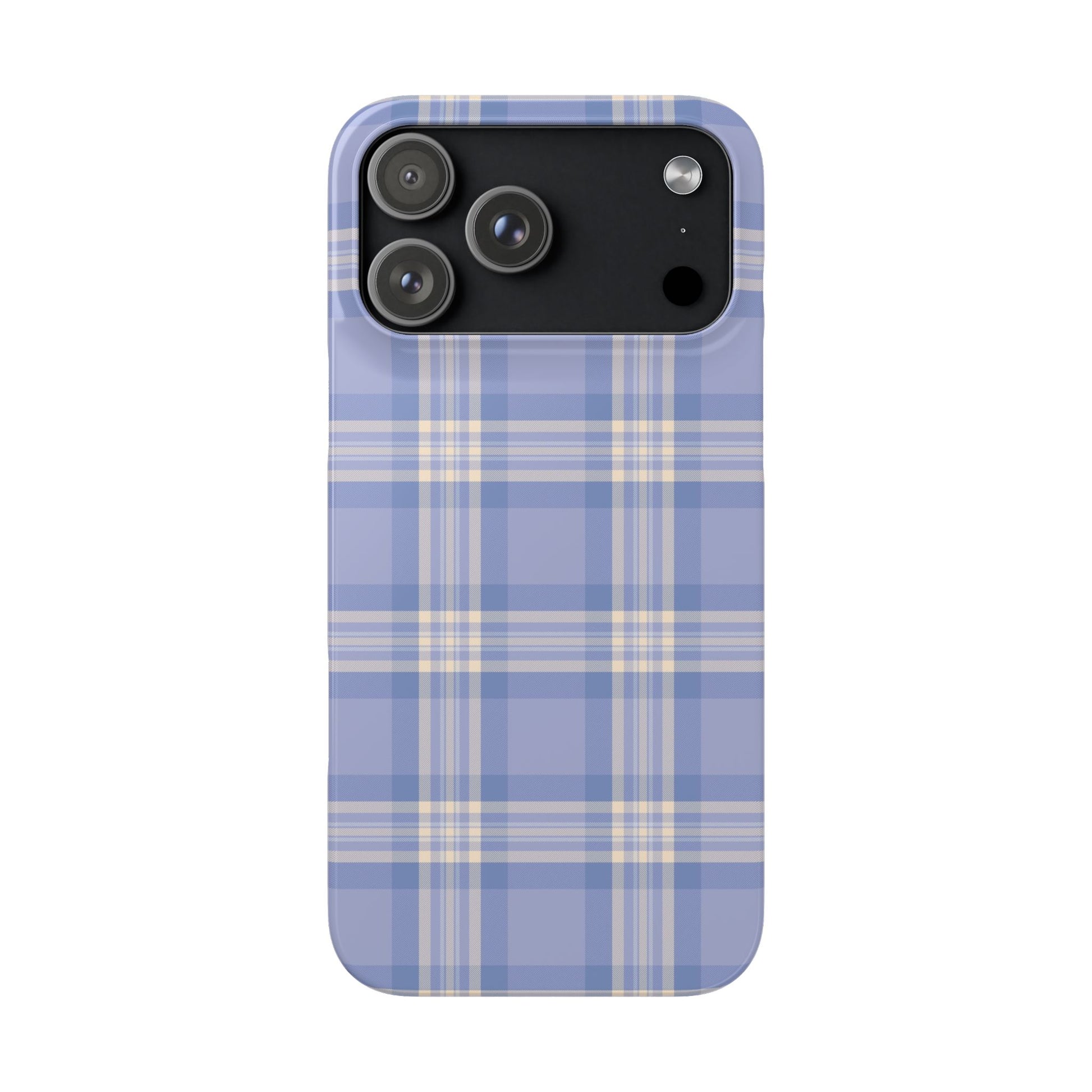 Phone case with blue and beige plaid pattern on a white background