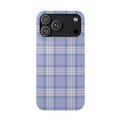 Phone case with blue and beige plaid pattern on a white background