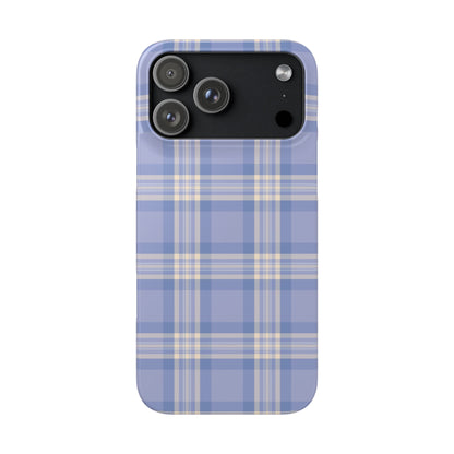 Phone case with blue and beige plaid pattern on a white background