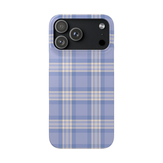 Phone case with blue and beige plaid pattern on a white background