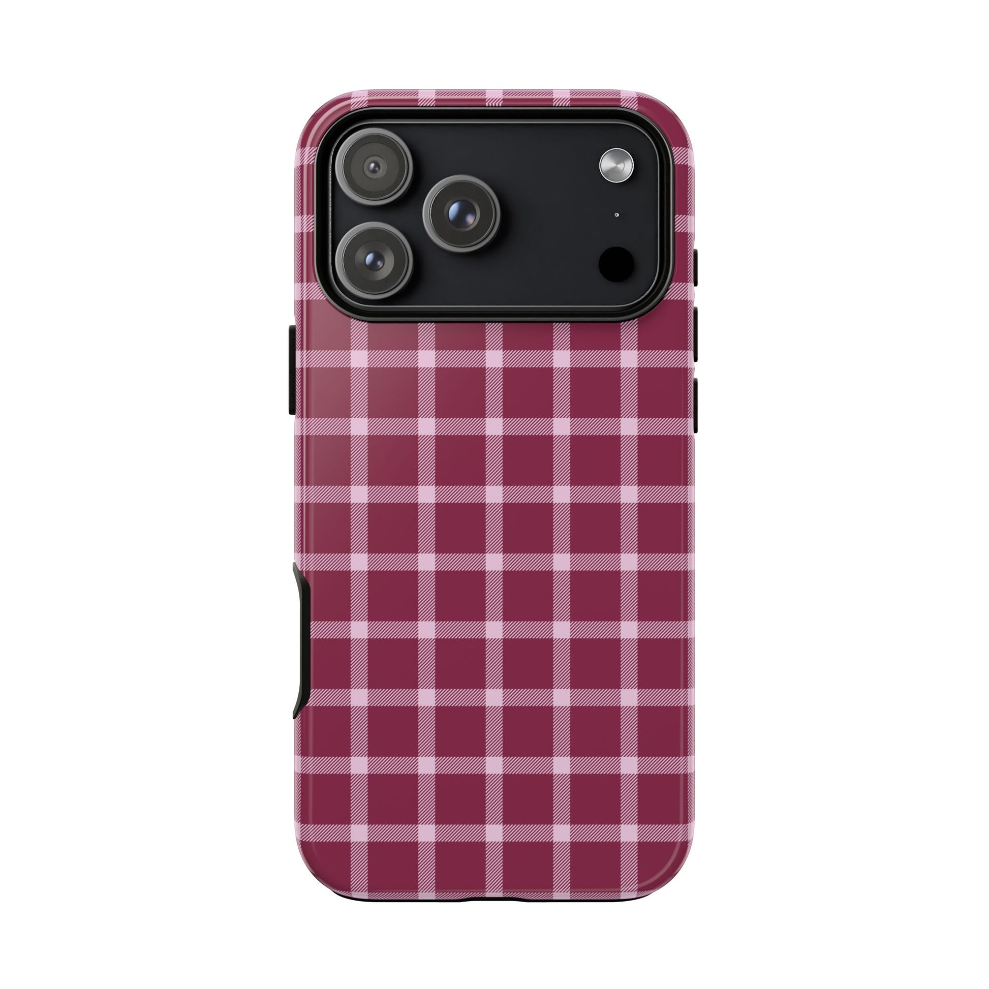 Phone case with a red and white plaid pattern on a white background