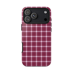 Phone case with a red and white plaid pattern on a white background