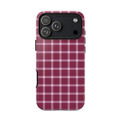 Phone case with a red and white plaid pattern on a white background