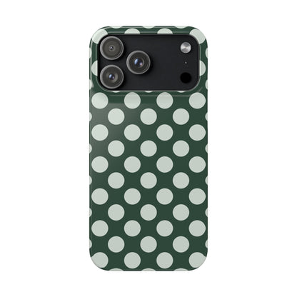Phone case with green and white polka dot pattern on a white background