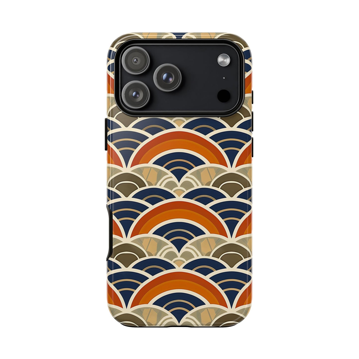 Phone case with a colorful wave pattern on a white background