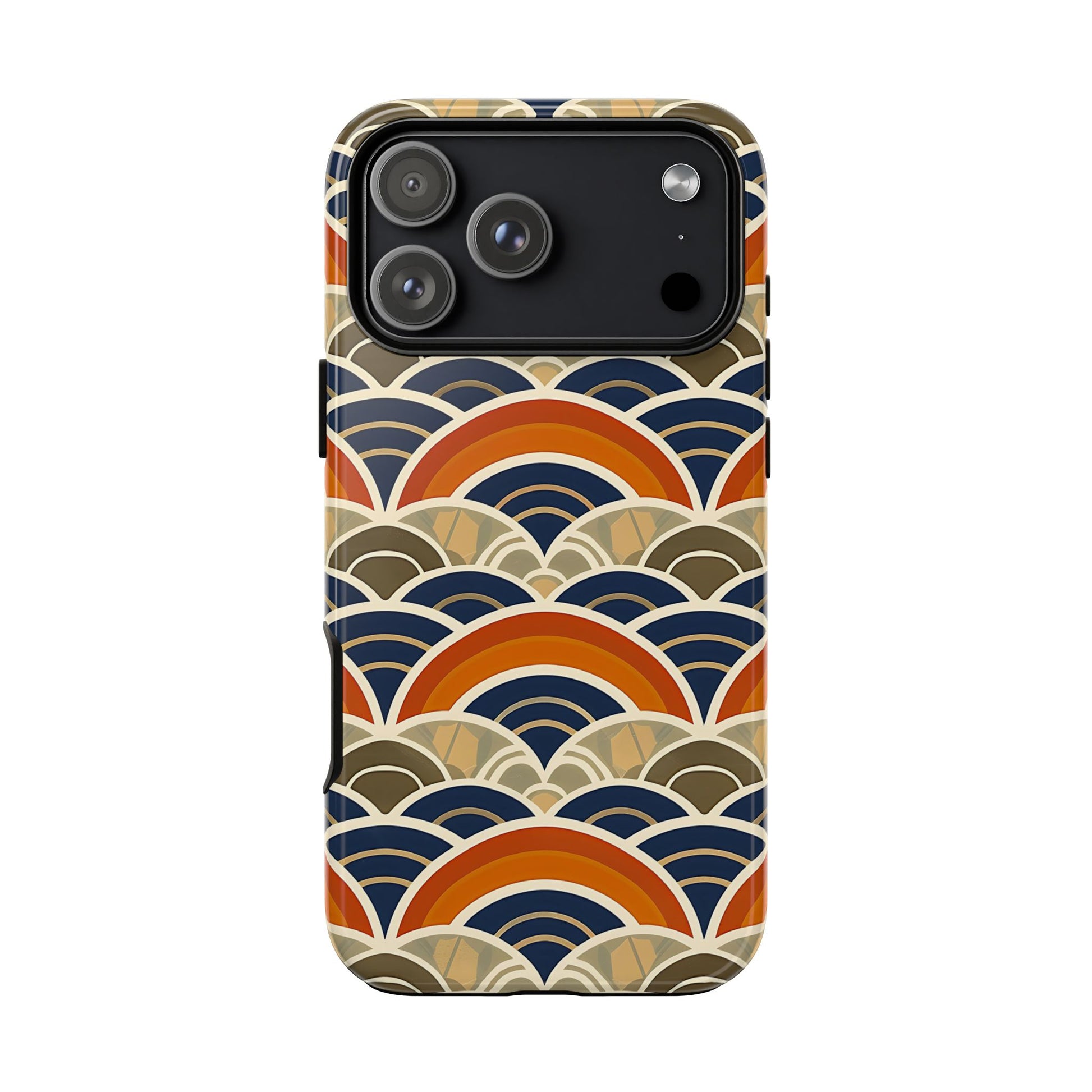 Phone case with a colorful wave pattern on a white background