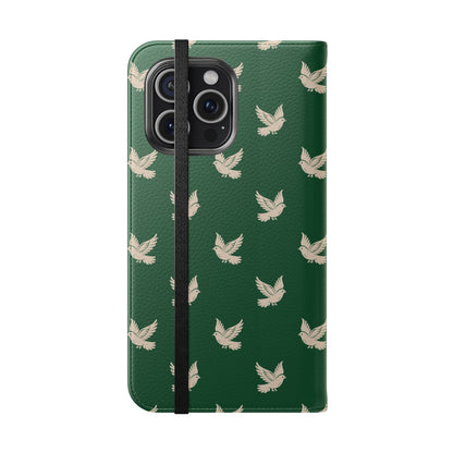 Phone case with bird pattern on a green background