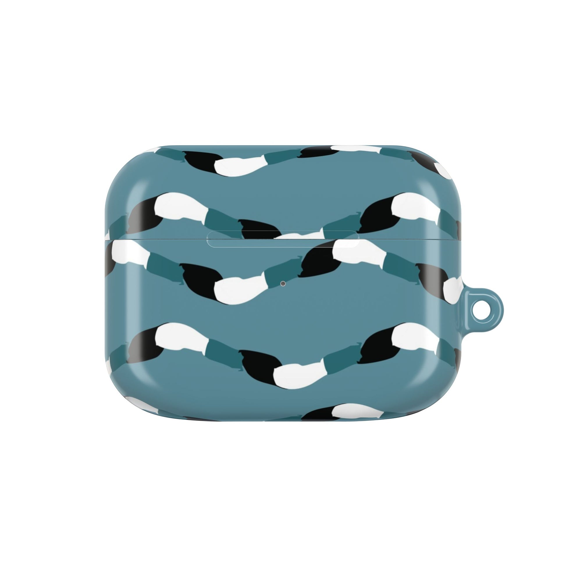 Blue case with black and white pattern on a white background