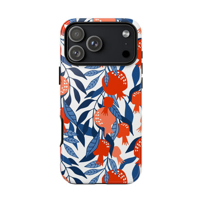 Phone case with pomegranate and leaf pattern on a white background