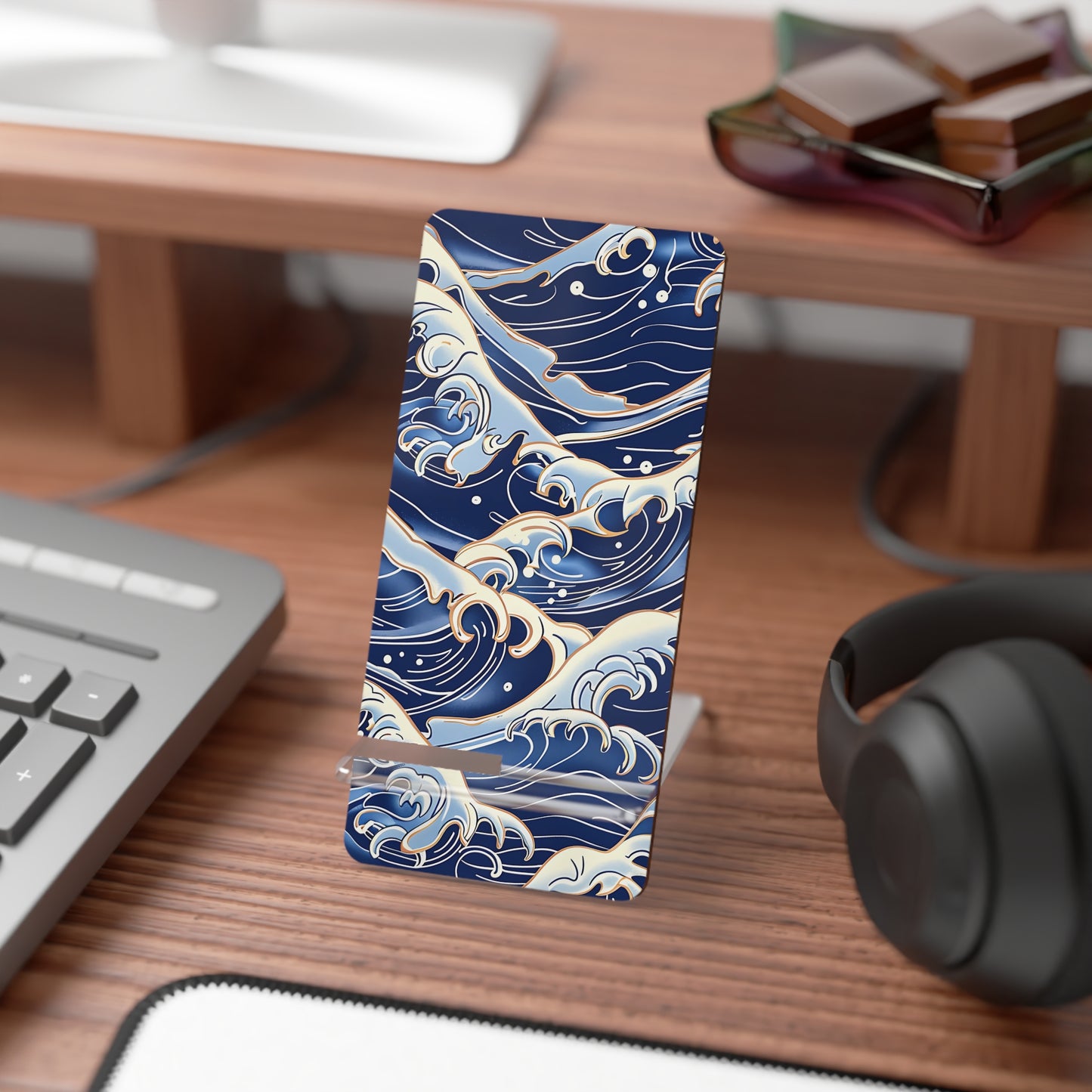 Phone case with wave design on a desk with keyboard and headphones | Casenari