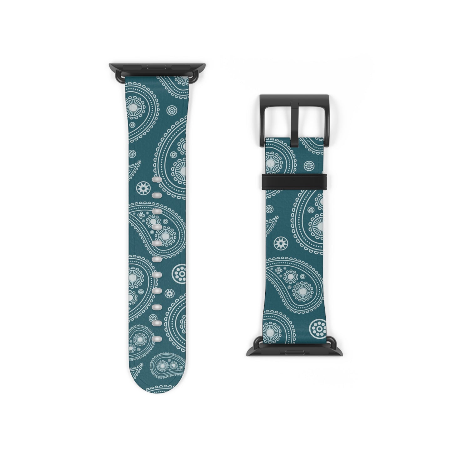 Teal and white patterned watch band with black clasp on a white background
