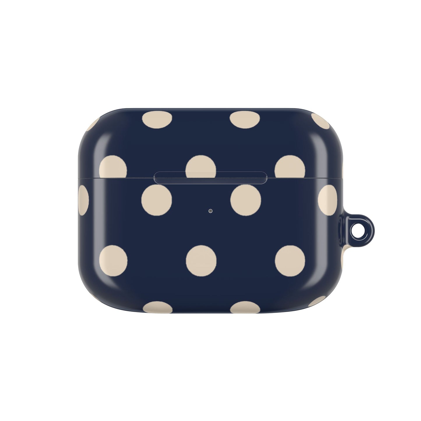 Navy blue case with beige polka dots on a white background