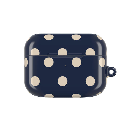 Navy blue case with beige polka dots on a white background
